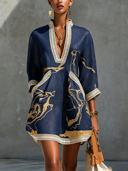 Ivory Gold Printed V-neck Crochet Lace Mini Dress