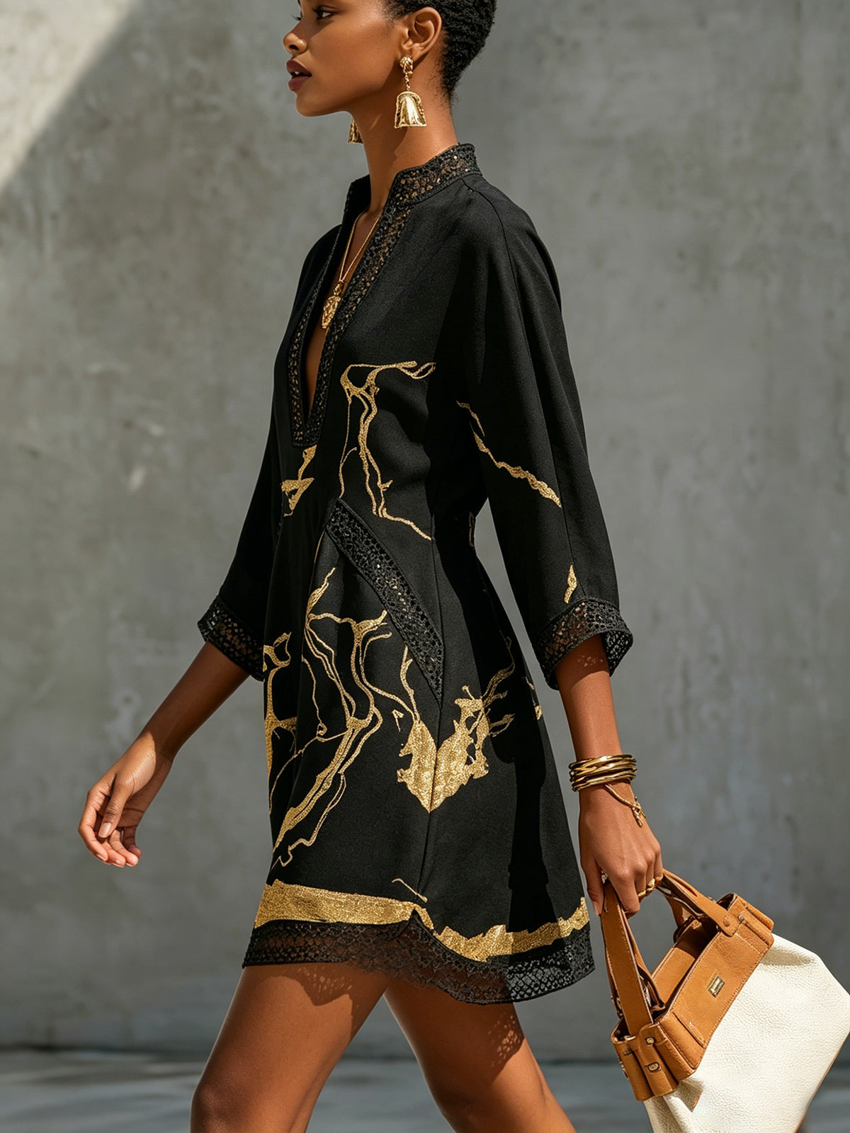 Ivory Gold Printed V-neck Crochet Lace Mini Dress