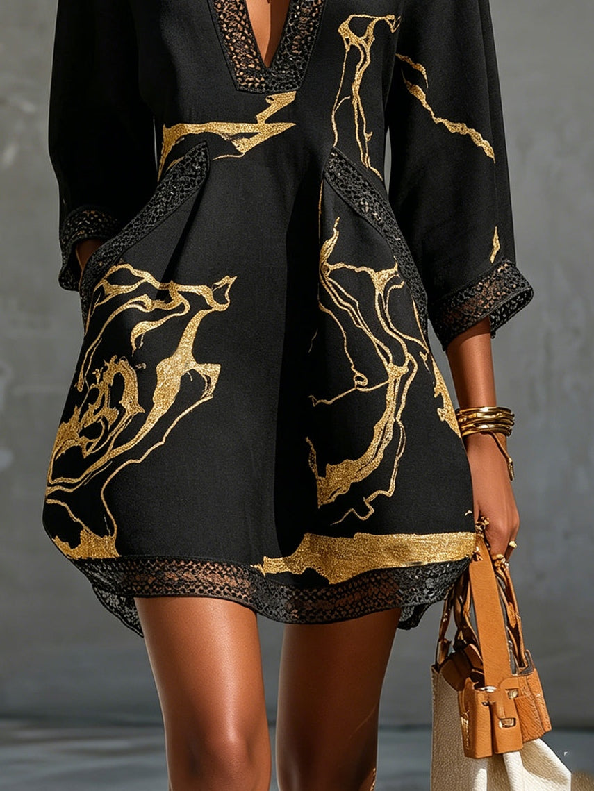 Ivory Gold Printed V-neck Crochet Lace Mini Dress