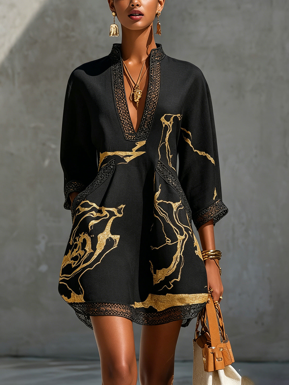 Ivory Gold Printed V-neck Crochet Lace Mini Dress
