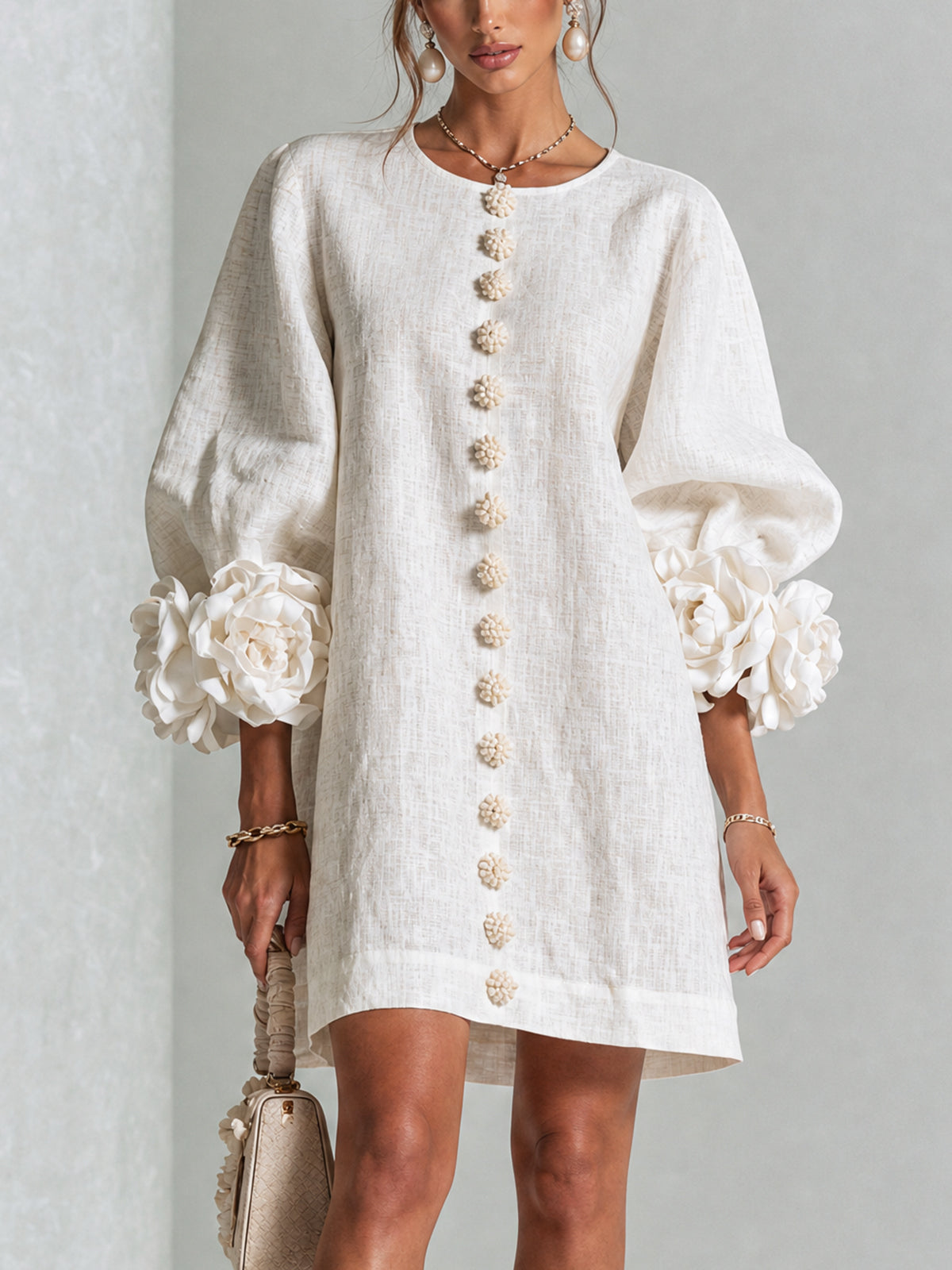 Beige Floral Button-down Mini Dress With Striking Floral Cuffs