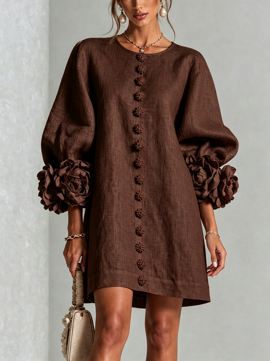 Brown Floral Button-down Mini Dress With Striking Floral Cuffs
