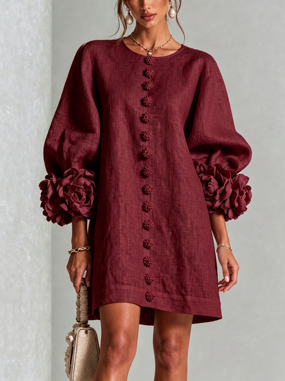 Beige Floral Button-down Mini Dress With Striking Floral Cuffs