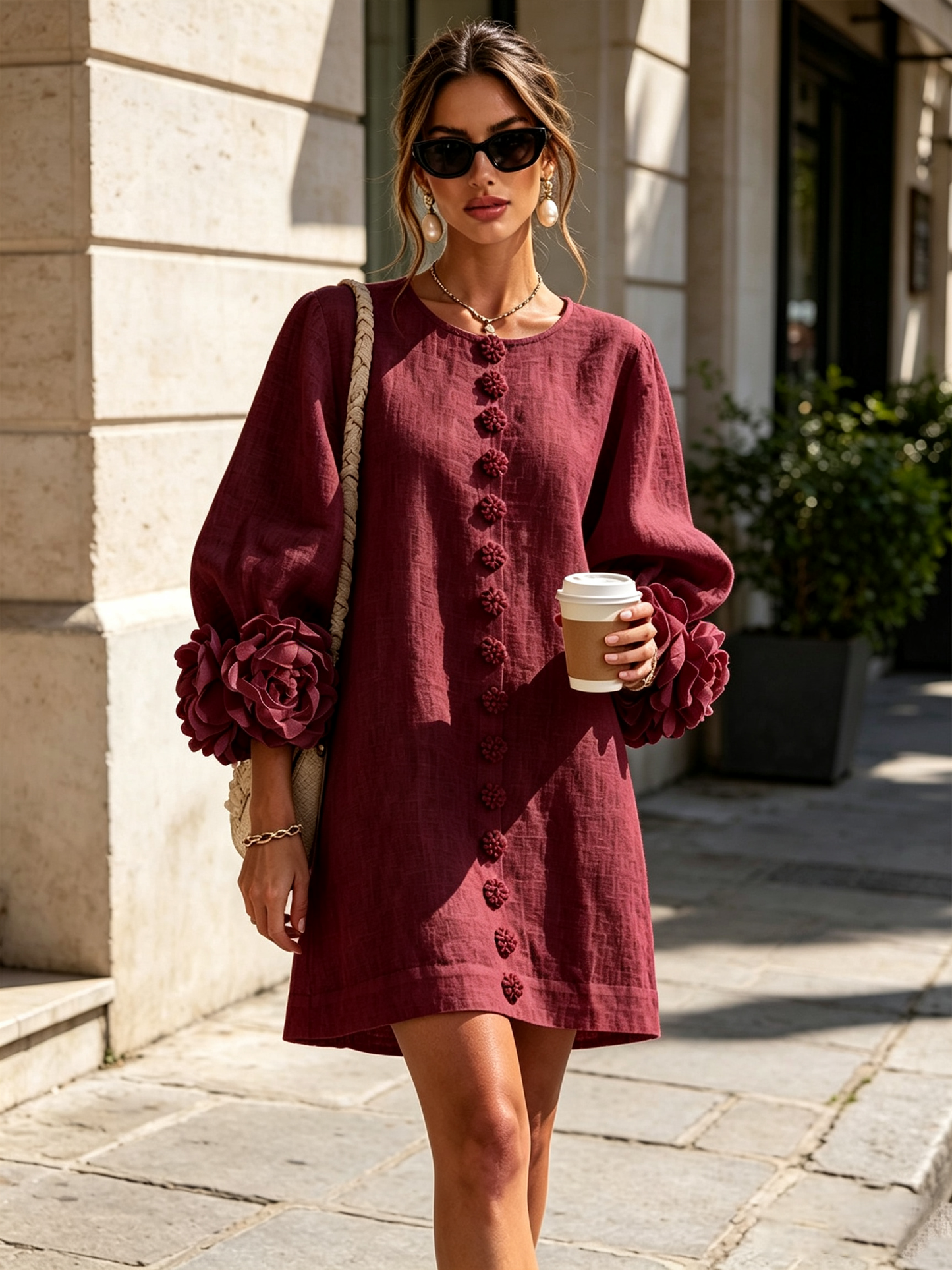 Beige Floral Button-down Mini Dress With Striking Floral Cuffs