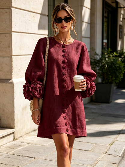 Beige Floral Button-down Mini Dress With Striking Floral Cuffs