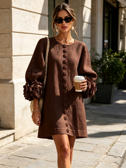 Beige Floral Button-down Mini Dress With Striking Floral Cuffs