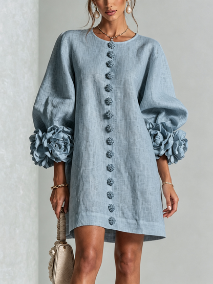Beige Floral Button-down Mini Dress With Striking Floral Cuffs