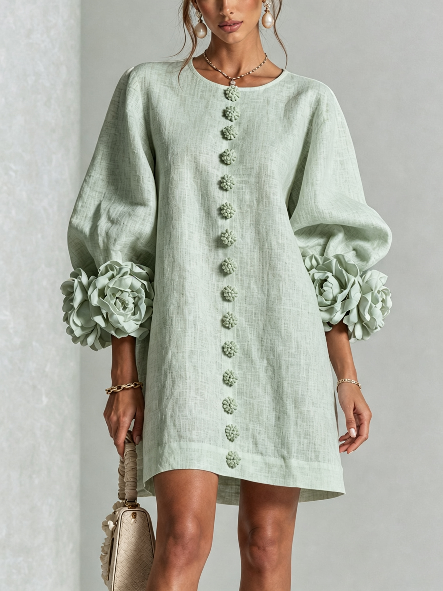 Beige Floral Button-down Mini Dress With Striking Floral Cuffs