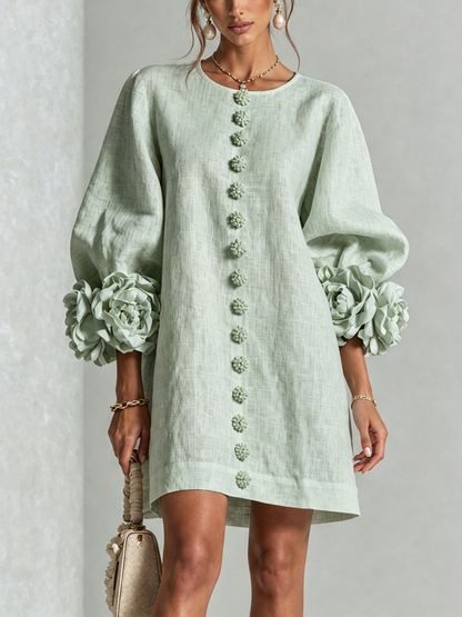Beige Floral Button-down Mini Dress With Striking Floral Cuffs