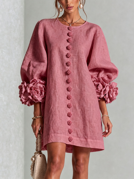 Rose Floral Button-down Mini Dress With Striking Floral Cuffs