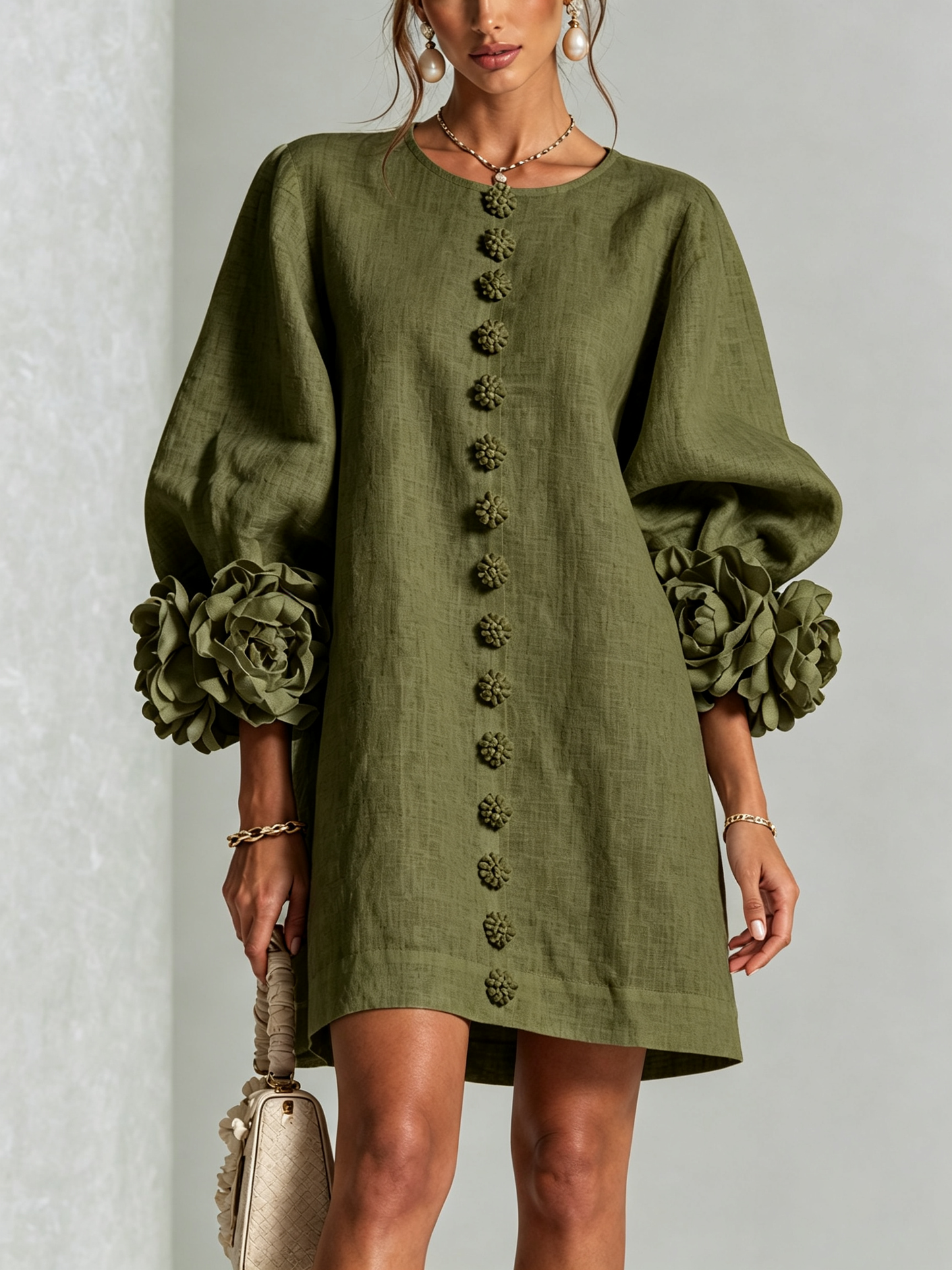 Beige Floral Button-down Mini Dress With Striking Floral Cuffs
