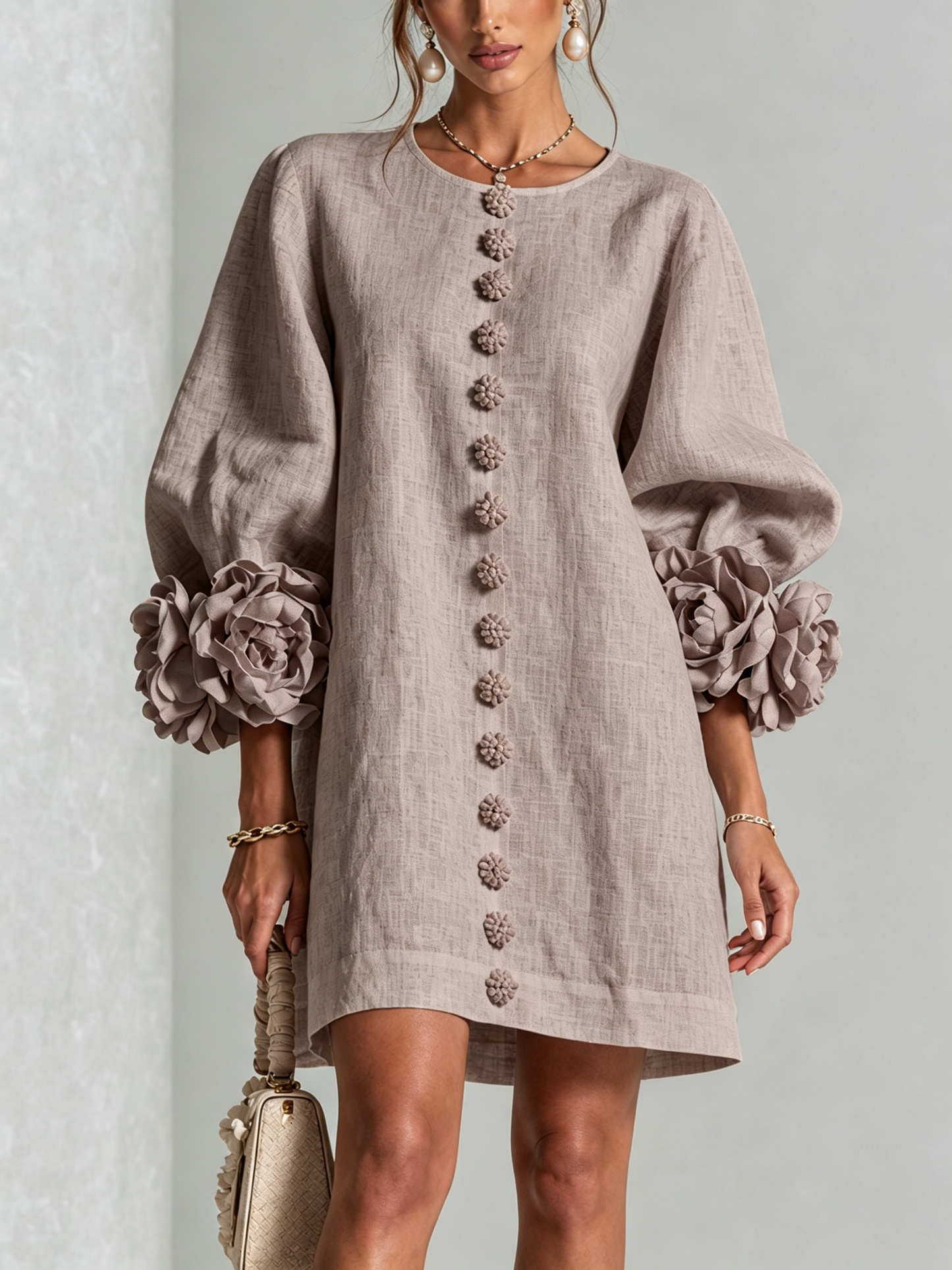 Beige Floral Button-down Mini Dress With Striking Floral Cuffs