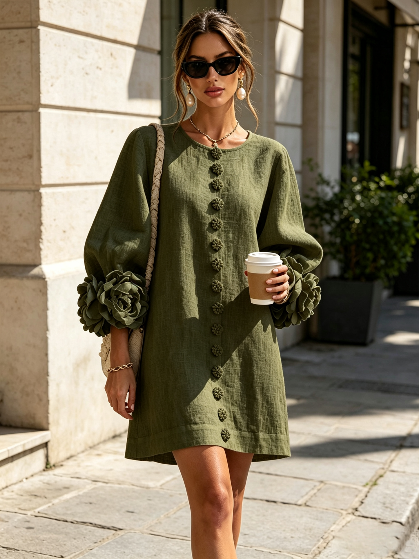 Beige Floral Button-down Mini Dress With Striking Floral Cuffs