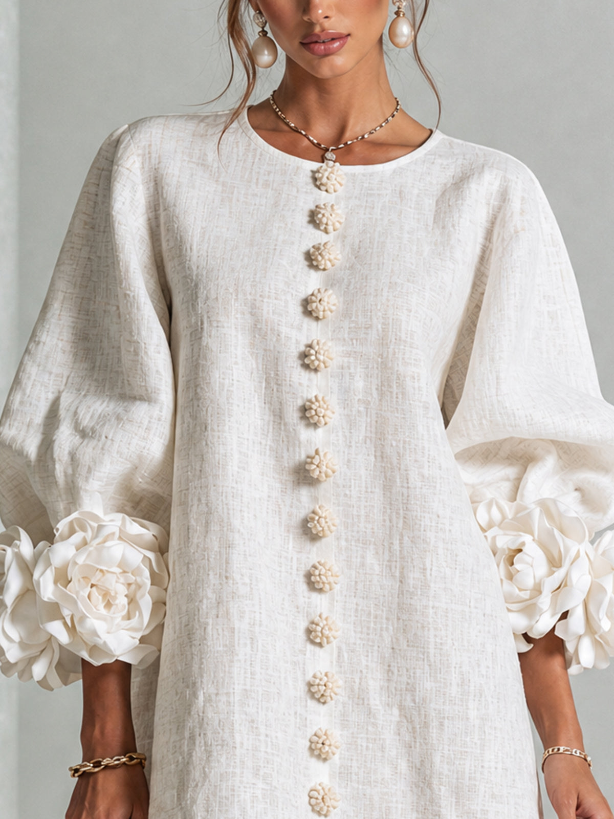 Beige Floral Button-down Mini Dress With Striking Floral Cuffs