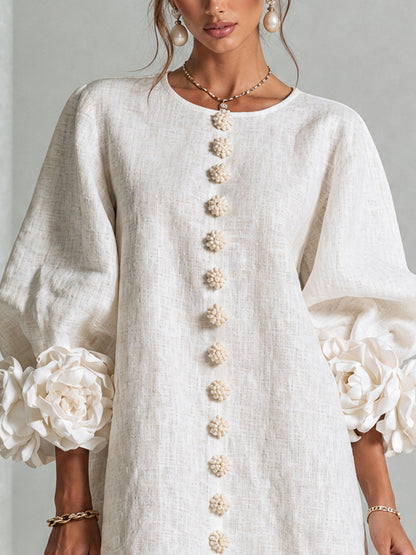Beige Floral Button-down Mini Dress With Striking Floral Cuffs