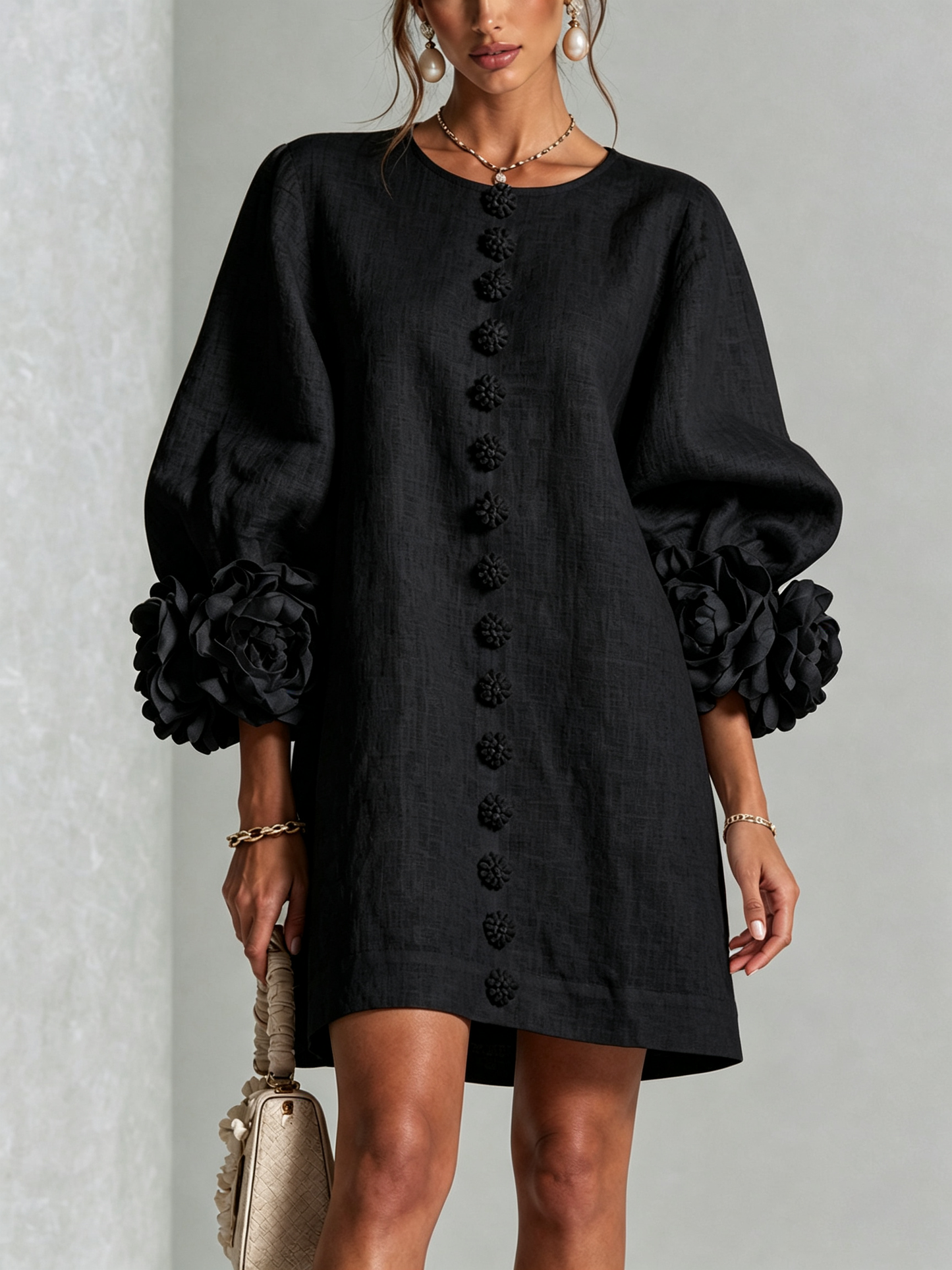 Beige Floral Button-down Mini Dress With Striking Floral Cuffs