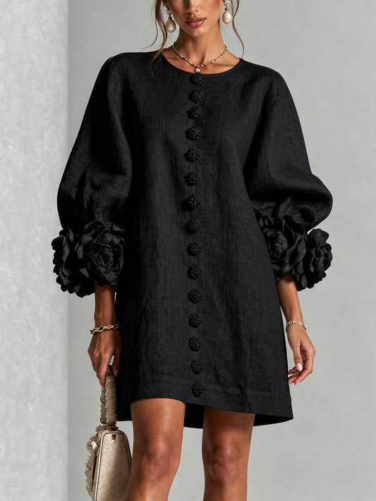 Black Floral Button-down Mini Dress With Striking Floral Cuffs
