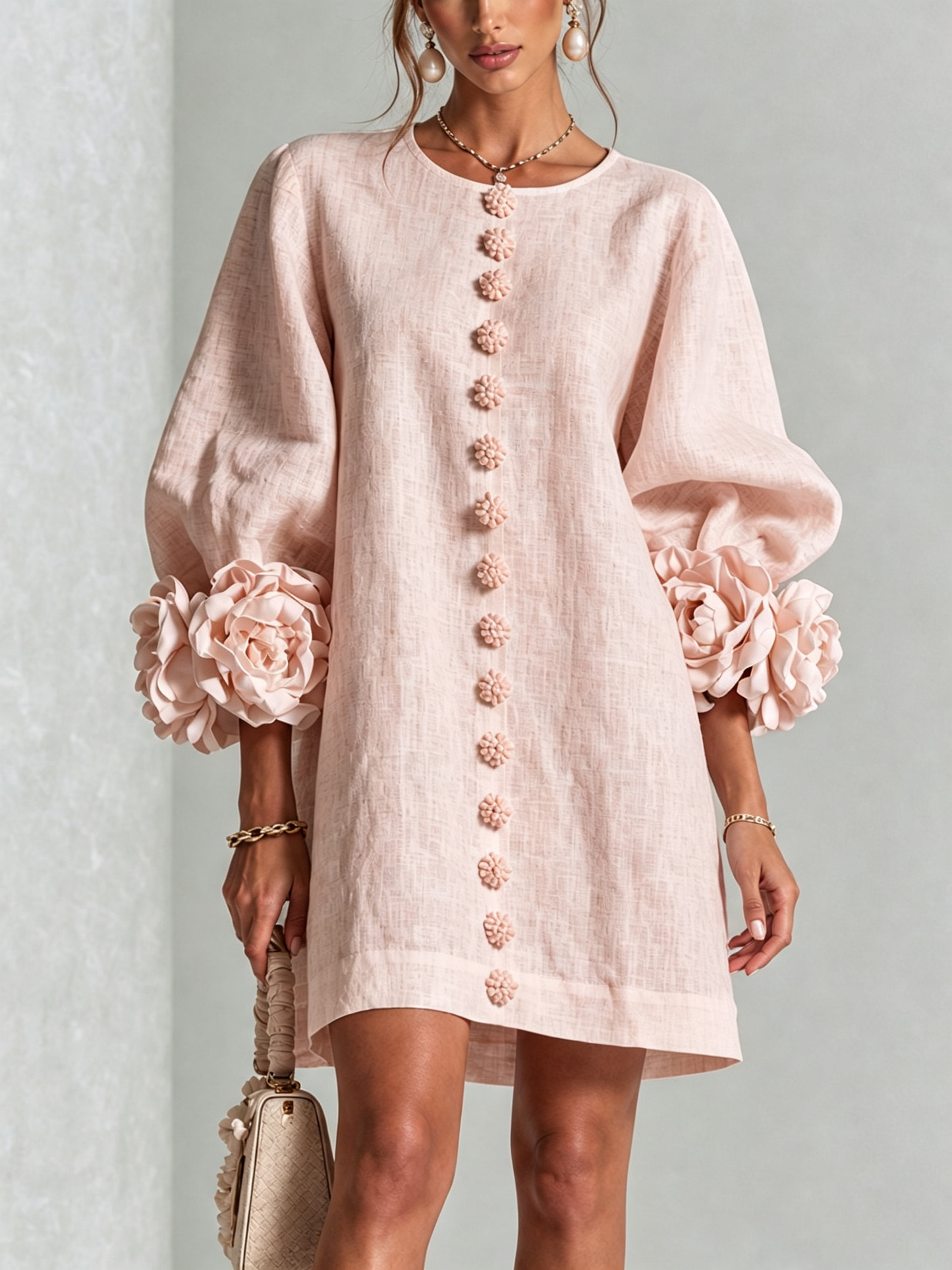 Beige Floral Button-down Mini Dress With Striking Floral Cuffs