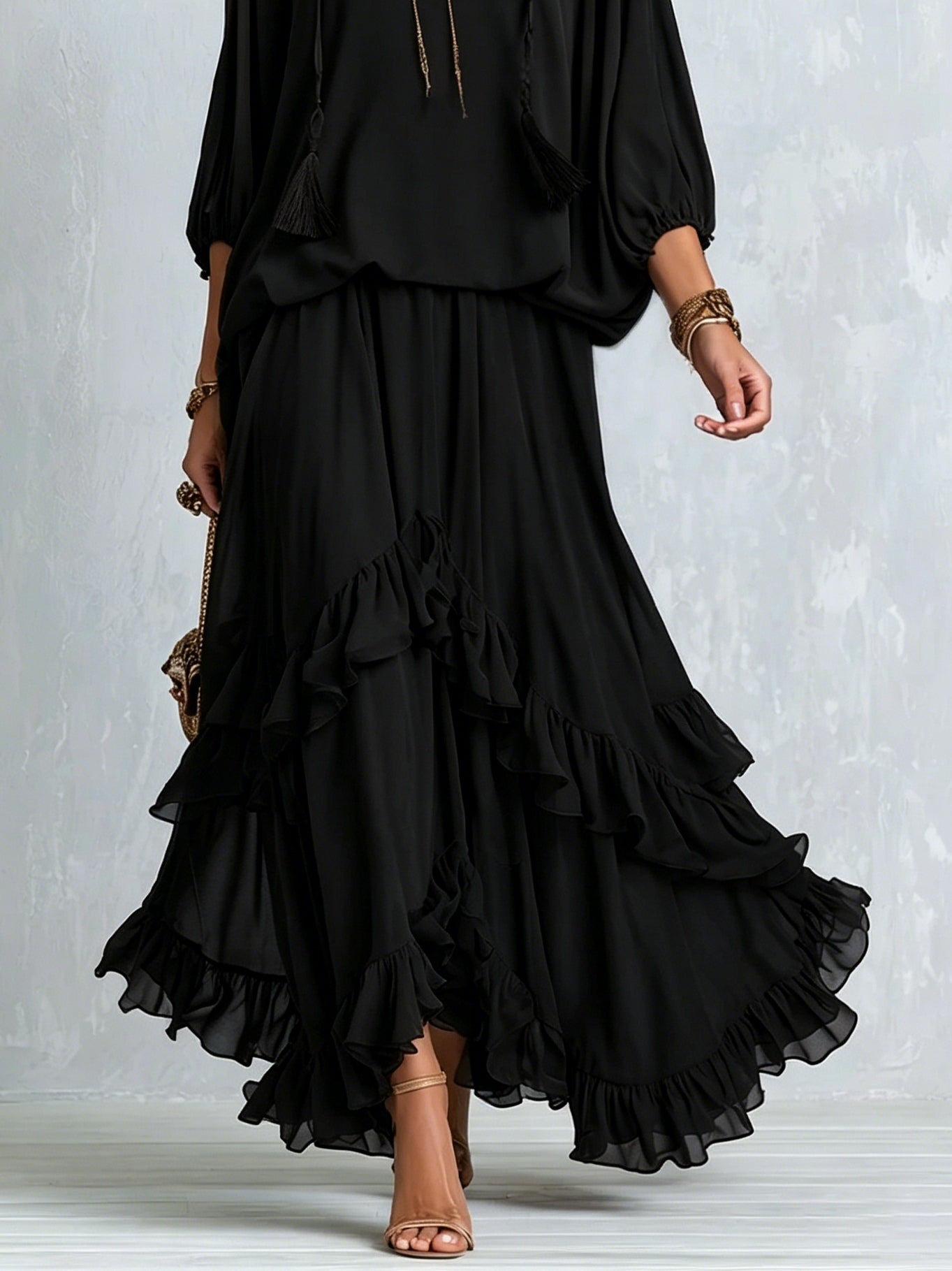 Brown Chiffon Tassel Drawstring V-neck Top Paired With A Ruffled Layered Skirt Set
