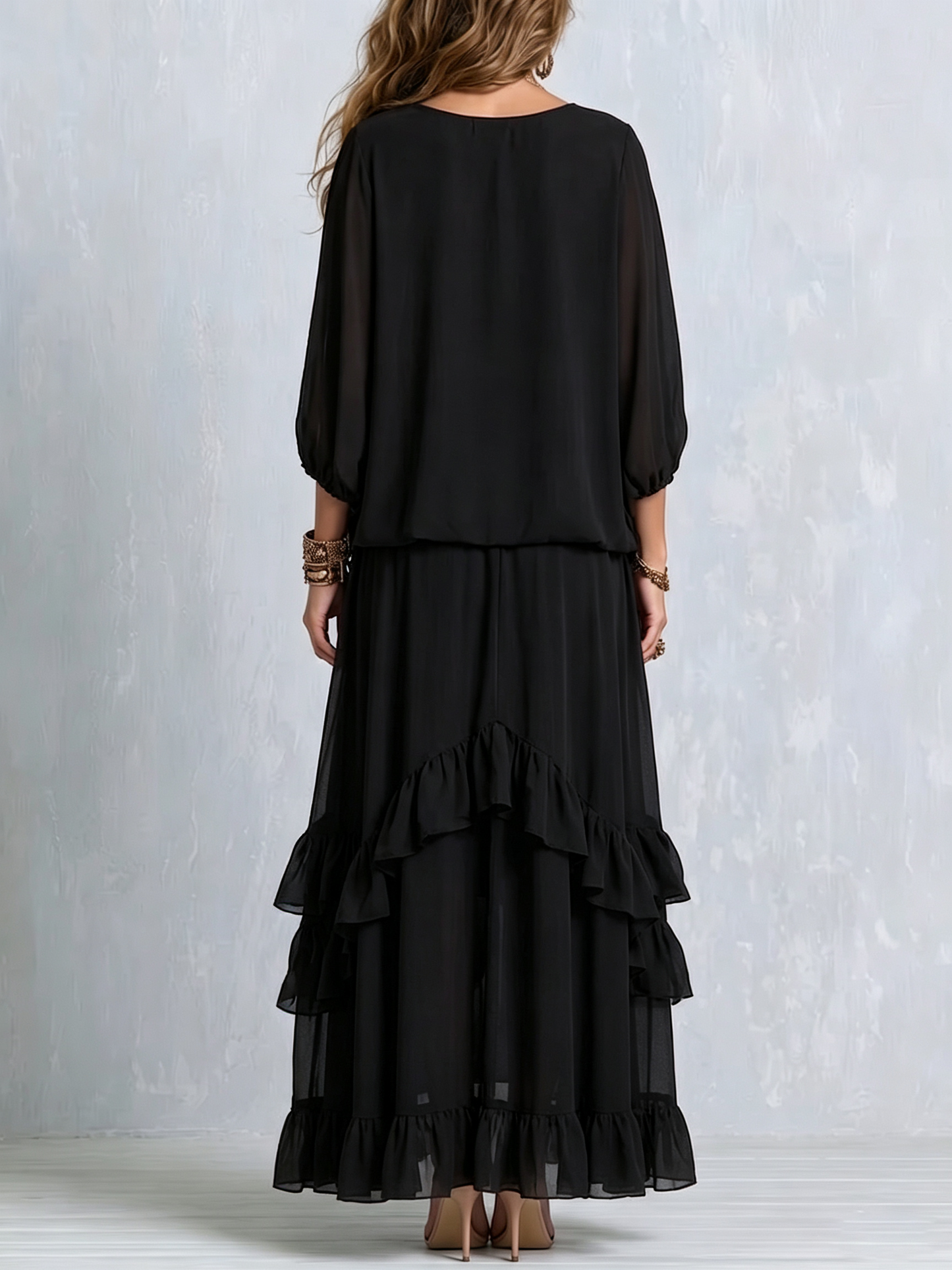 Brown Chiffon Tassel Drawstring V-neck Top Paired With A Ruffled Layered Skirt Set