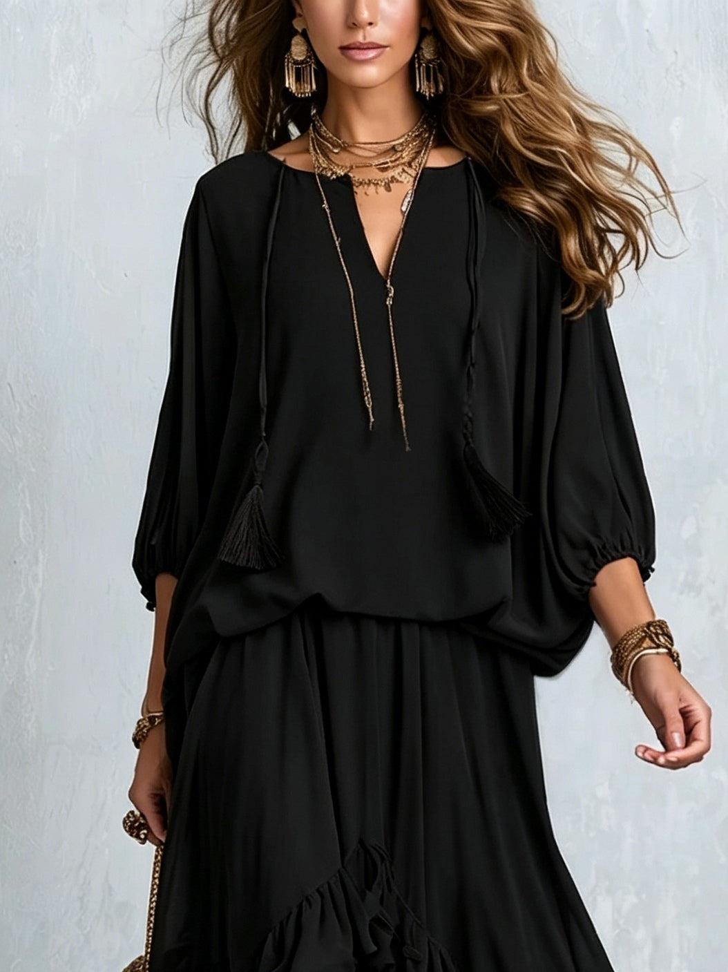 Brown Chiffon Tassel Drawstring V-neck Top Paired With A Ruffled Layered Skirt Set