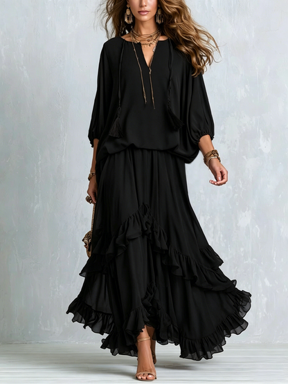 Brown Chiffon Tassel Drawstring V-neck Top Paired With A Ruffled Layered Skirt Set