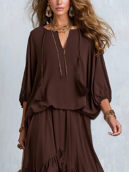 Brown Chiffon Tassel Drawstring V-neck Top Paired With A Ruffled Layered Skirt Set
