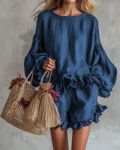 Black Boho Linen Blend Ruffle Trim Top and Shorts Set