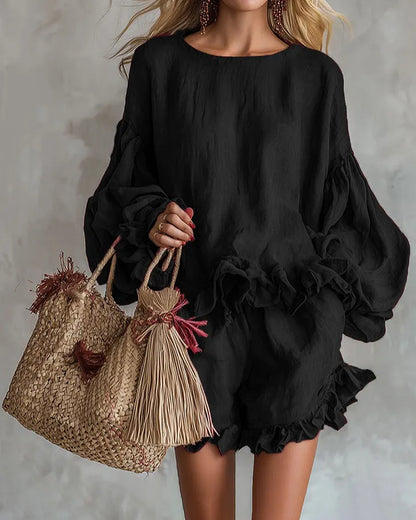 Black Boho Linen Blend Ruffle Trim Top and Shorts Set