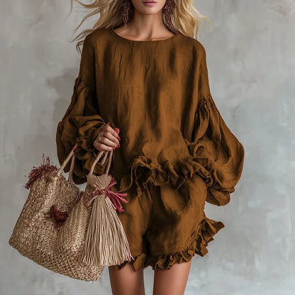 Black Boho Linen Blend Ruffle Trim Top and Shorts Set