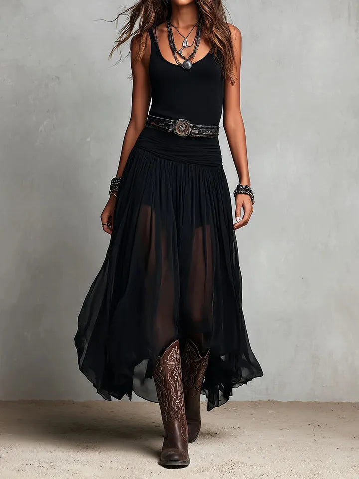 Black Sleeveless Tank Top With Tulle Skirt Maxi Dress