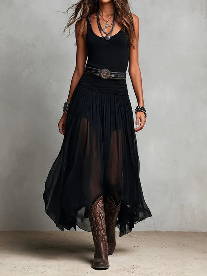 Black Sleeveless Tank Top With Tulle Skirt Maxi Dress