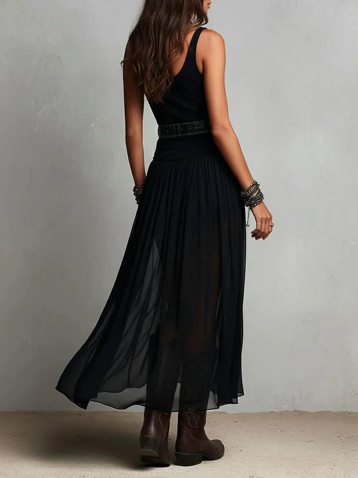 Black Sleeveless Tank Top With Tulle Skirt Maxi Dress