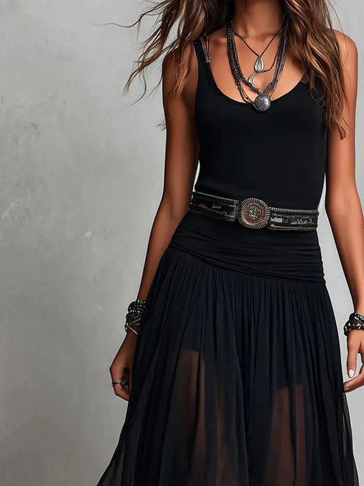 Black Sleeveless Tank Top With Tulle Skirt Maxi Dress