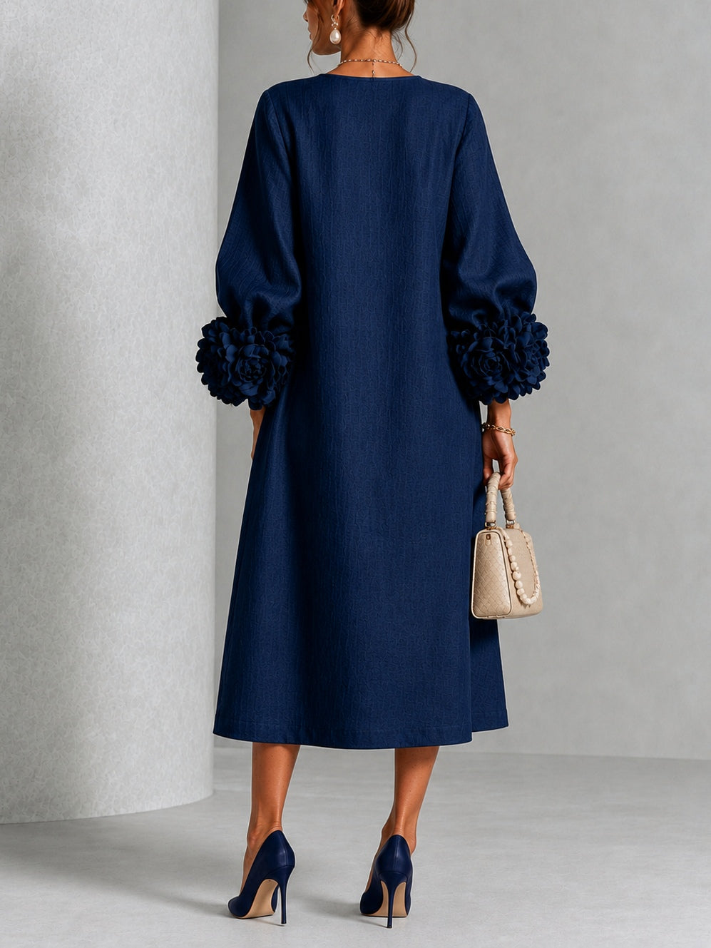 Navy Blue Floral Button-down Midi Dress With Striking Floral Cuffs