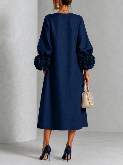Navy Blue Floral Button-down Midi Dress With Striking Floral Cuffs