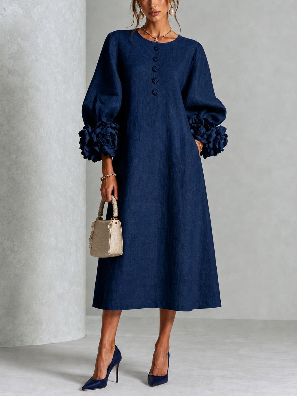 Navy Blue Floral Button-down Midi Dress With Striking Floral Cuffs