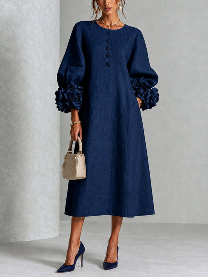 Navy Blue Floral Button-down Midi Dress With Striking Floral Cuffs