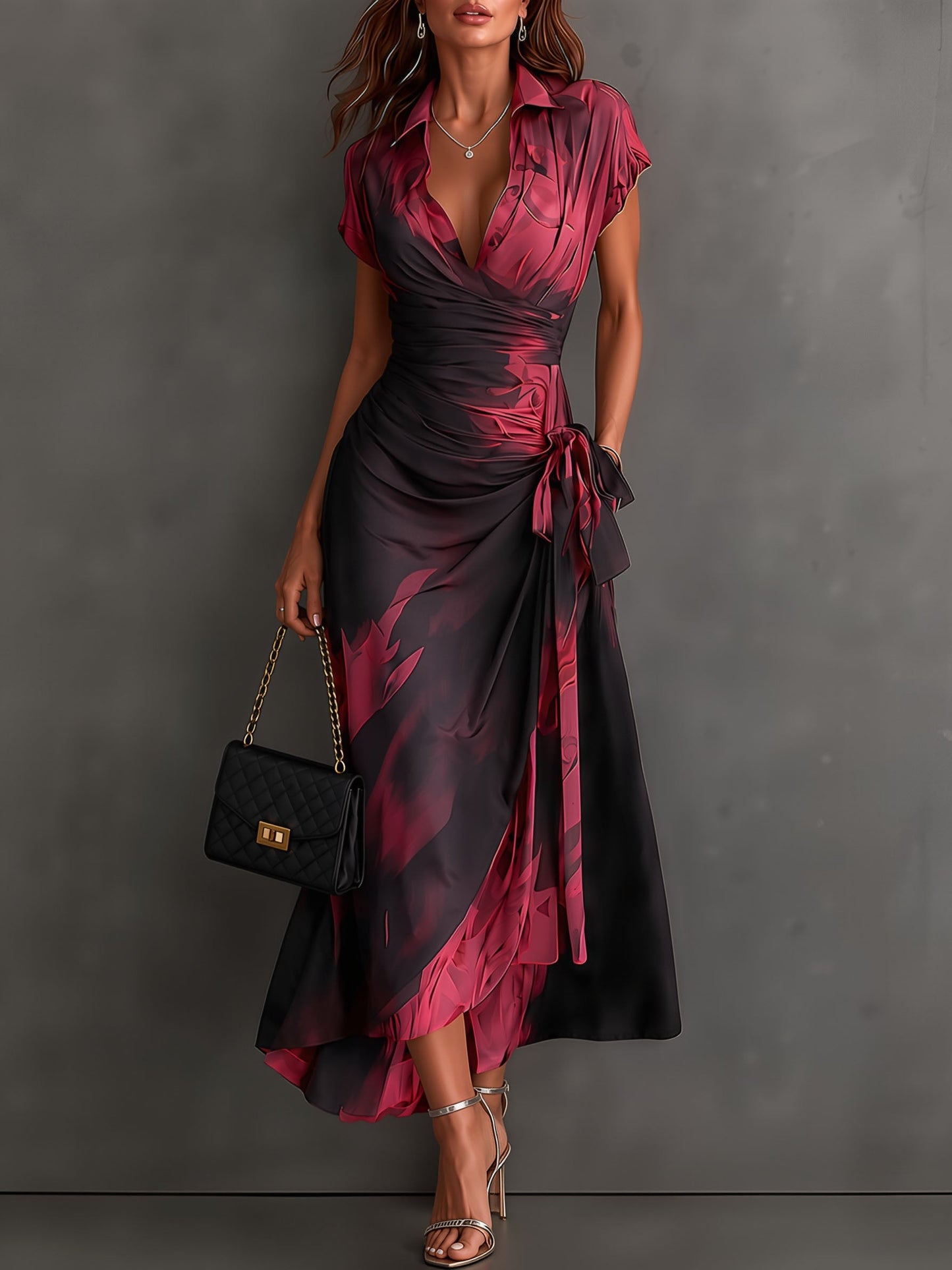 Rose Red Abstract Print Wrap Midi Dress Collared V Neck Short Sleeve Tie Waist Ruffled High‑Low Hem Dress