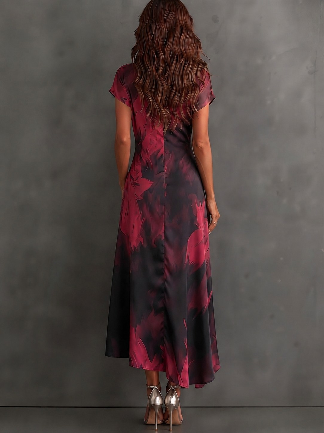 Rose Red Abstract Print Wrap Midi Dress Collared V Neck Short Sleeve Tie Waist Ruffled High‑Low Hem Dress