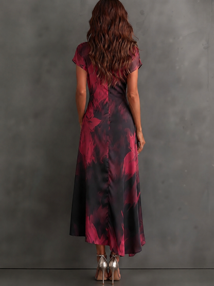 Rose Red Abstract Print Wrap Midi Dress Collared V Neck Short Sleeve Tie Waist Ruffled High‑Low Hem Dress