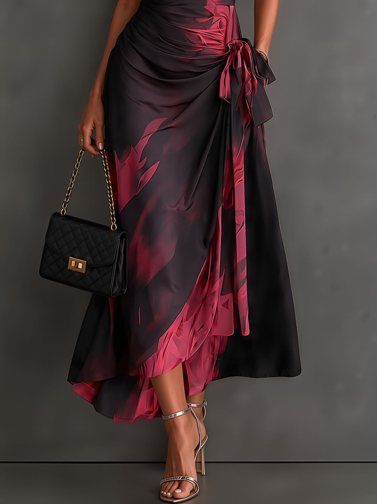Rose Red Abstract Print Wrap Midi Dress Collared V Neck Short Sleeve Tie Waist Ruffled High‑Low Hem Dress