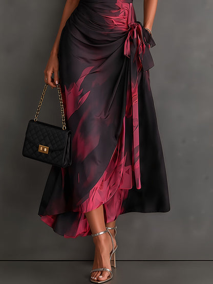 Rose Red Abstract Print Wrap Midi Dress Collared V Neck Short Sleeve Tie Waist Ruffled High‑Low Hem Dress