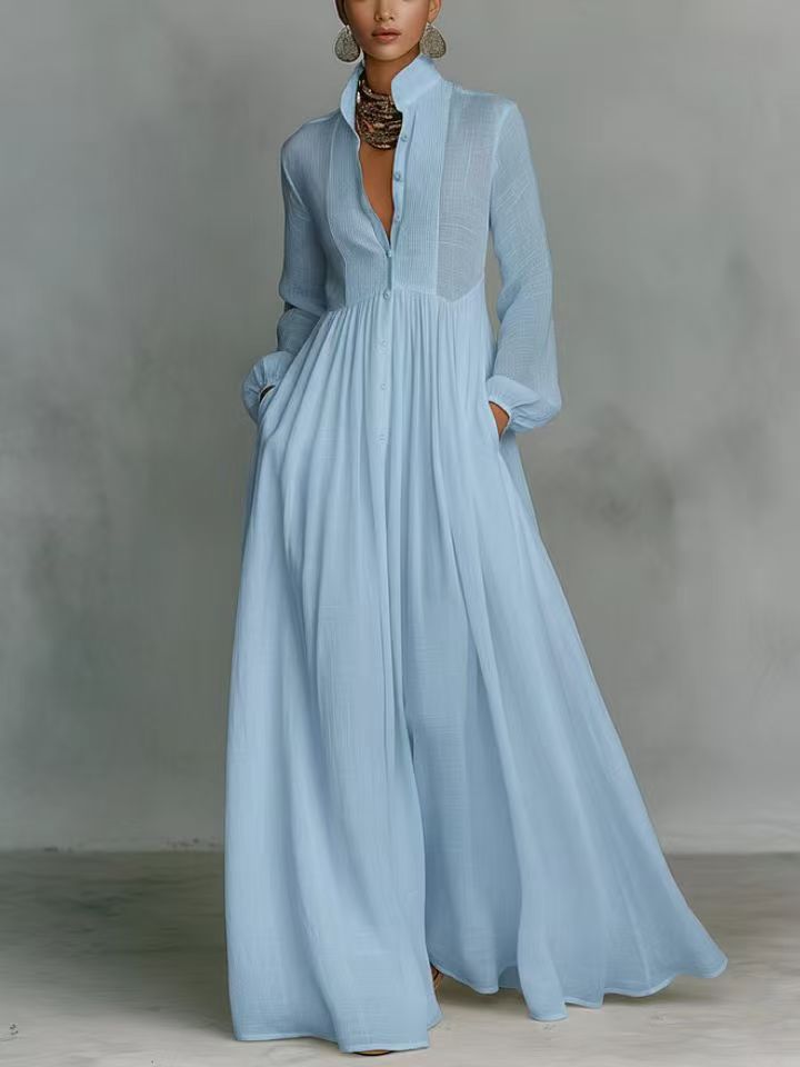 Women's Minimalist Cotton And Linen Patchwork Single-breasted Stand-up Collar Long-sleeved Maxi Dress