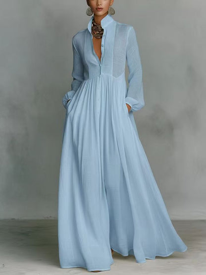 Women's Minimalist Cotton And Linen Patchwork Single-breasted Stand-up Collar Long-sleeved Maxi Dress