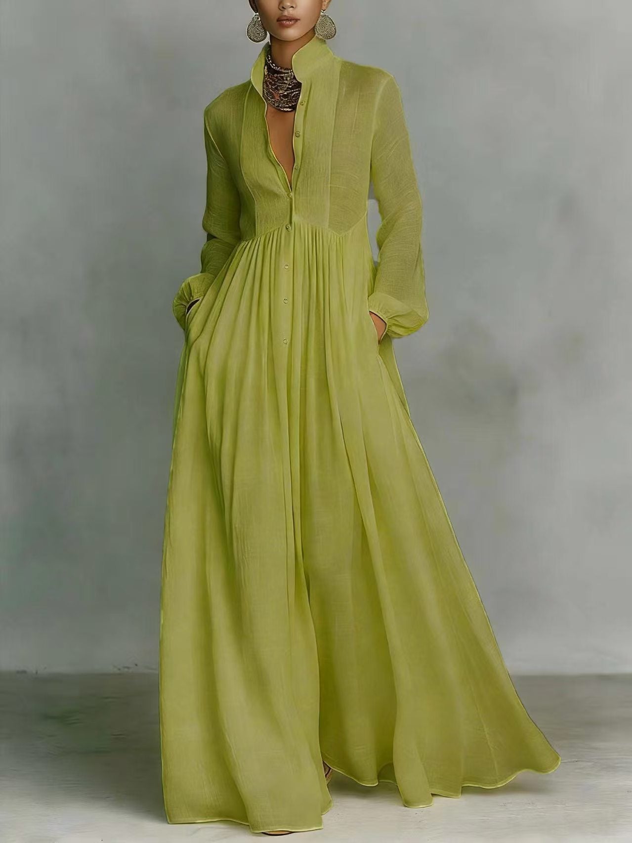 Women's Minimalist Cotton And Linen Patchwork Single-breasted Stand-up Collar Long-sleeved Maxi Dress