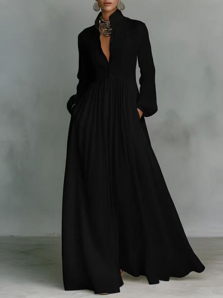 Women's Minimalist Cotton And Linen Patchwork Single-breasted Stand-up Collar Long-sleeved Maxi Dress