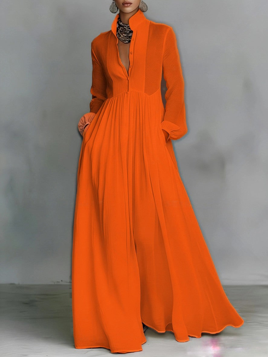 Women's Minimalist Cotton And Linen Patchwork Single-breasted Stand-up Collar Long-sleeved Maxi Dress