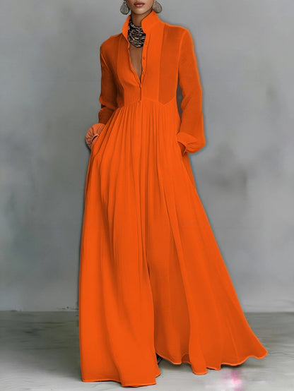Women's Minimalist Cotton And Linen Patchwork Single-breasted Stand-up Collar Long-sleeved Maxi Dress