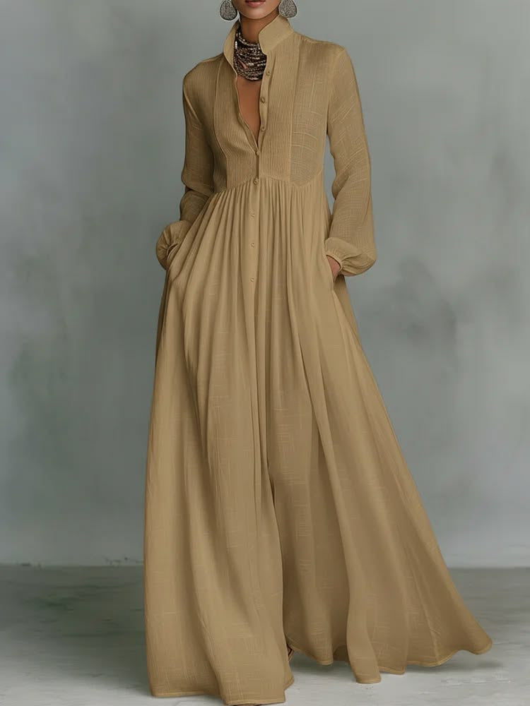 Women's Minimalist Cotton And Linen Patchwork Single-breasted Stand-up Collar Long-sleeved Maxi Dress